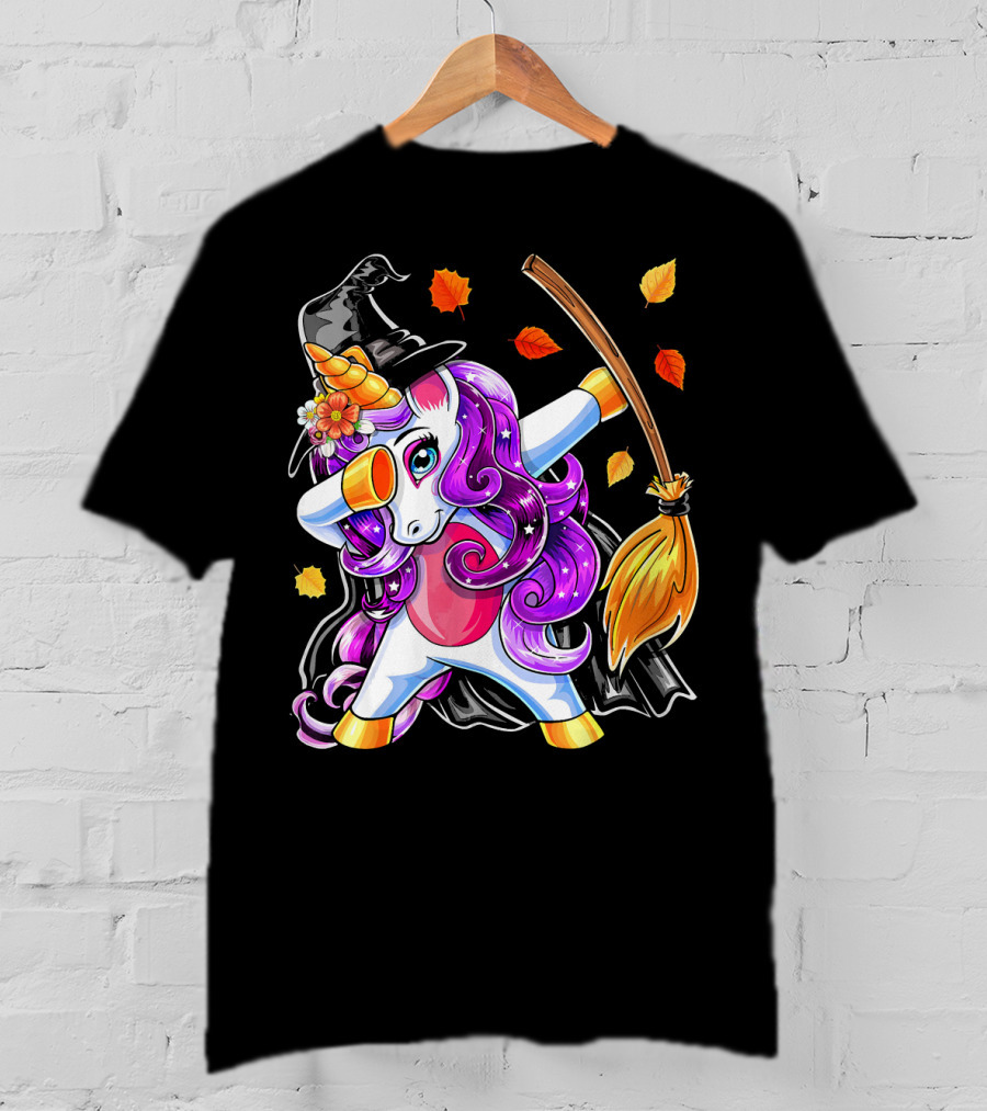Dabbing Unicorn Halloween Witch With Magical Broom And Autumn Leaves T-Shirt