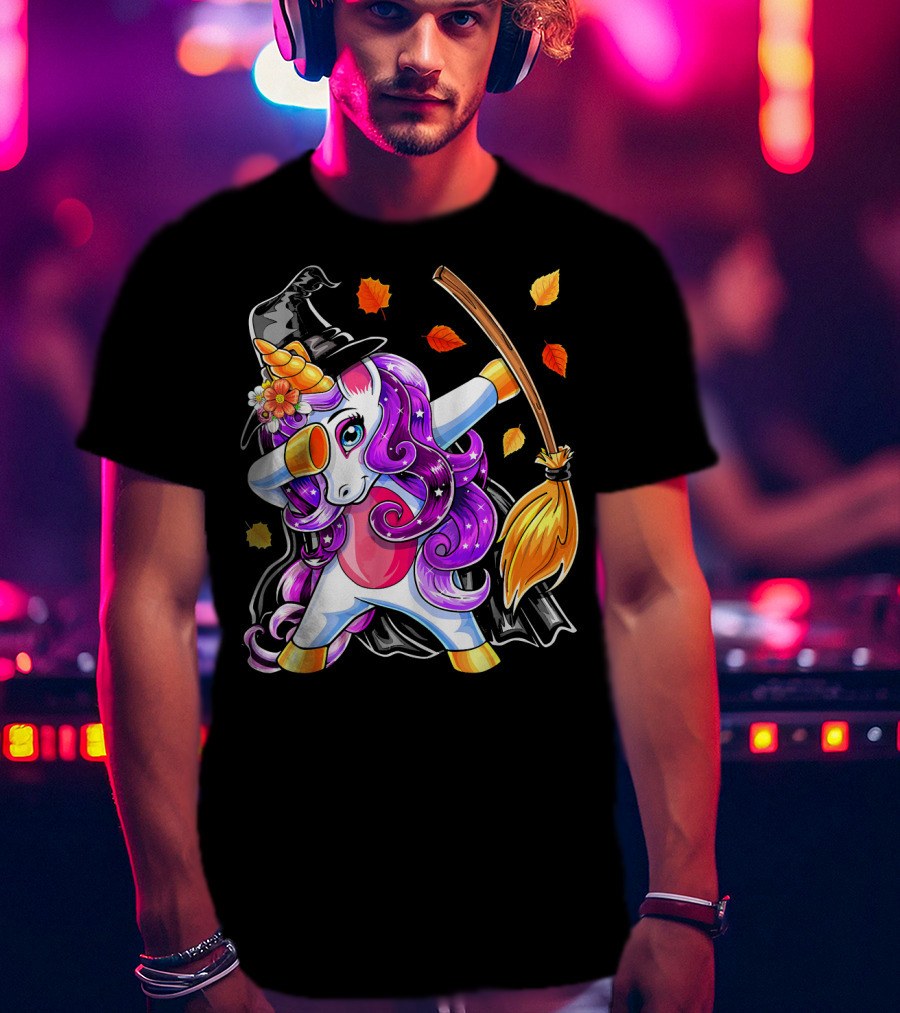 Dabbing Unicorn Halloween Witch With Magical Broom And Autumn Leaves T-Shirt