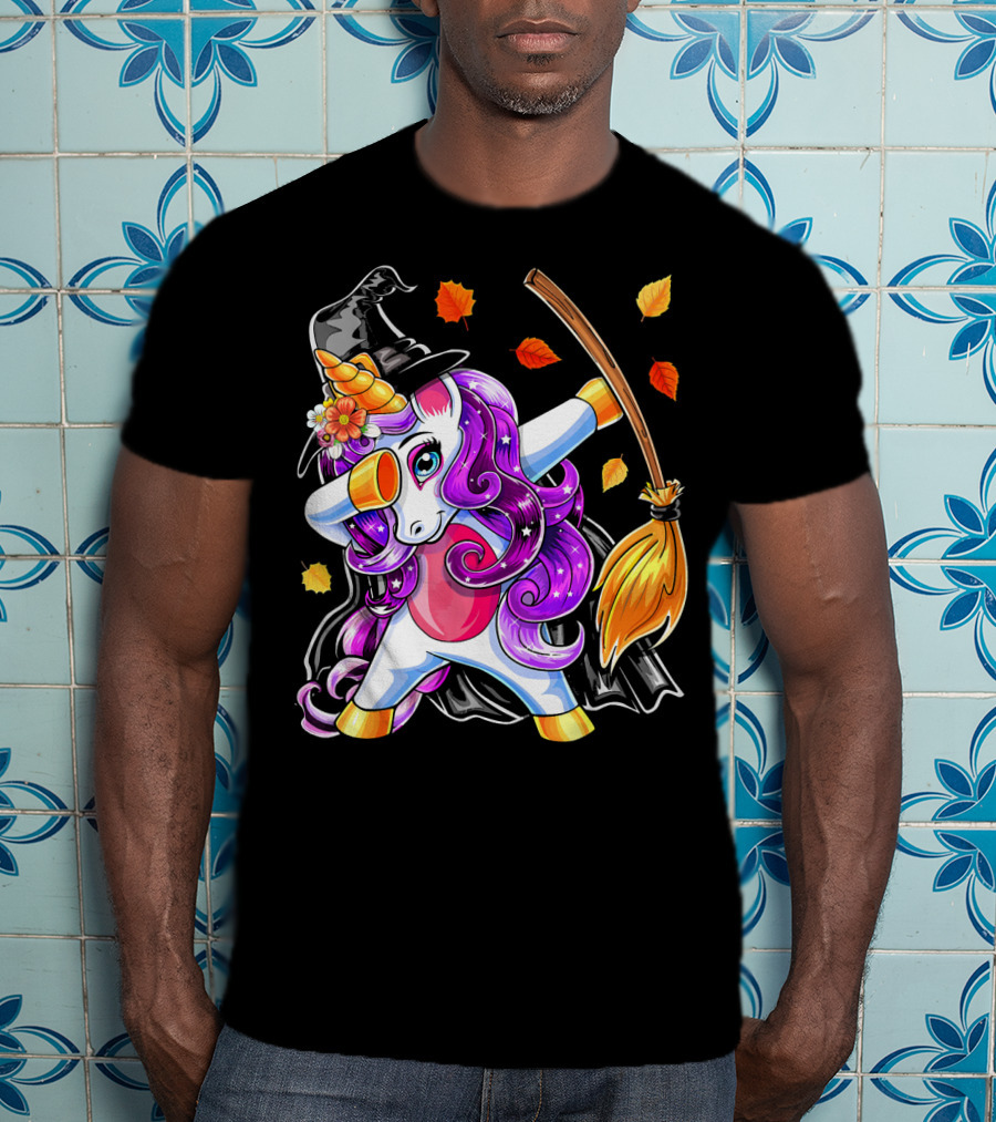 Dabbing Unicorn Halloween Witch With Magical Broom And Autumn Leaves T-Shirt