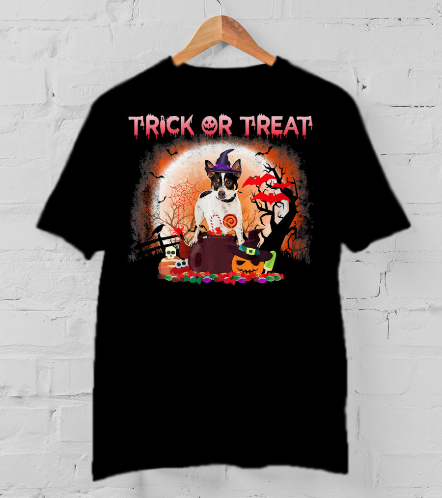 Trick Or Treat Rat Terrier Halloween With Witch Hat, Bats, And Pumpkins T-Shirt