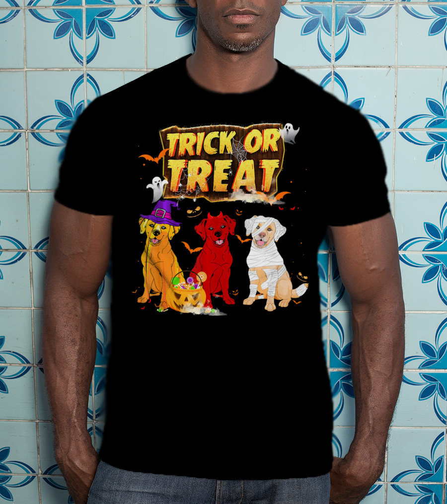 Trick Or Treat Three Labrador Retrievers Halloween Pumpkin Candy Ghosts T-Shirt