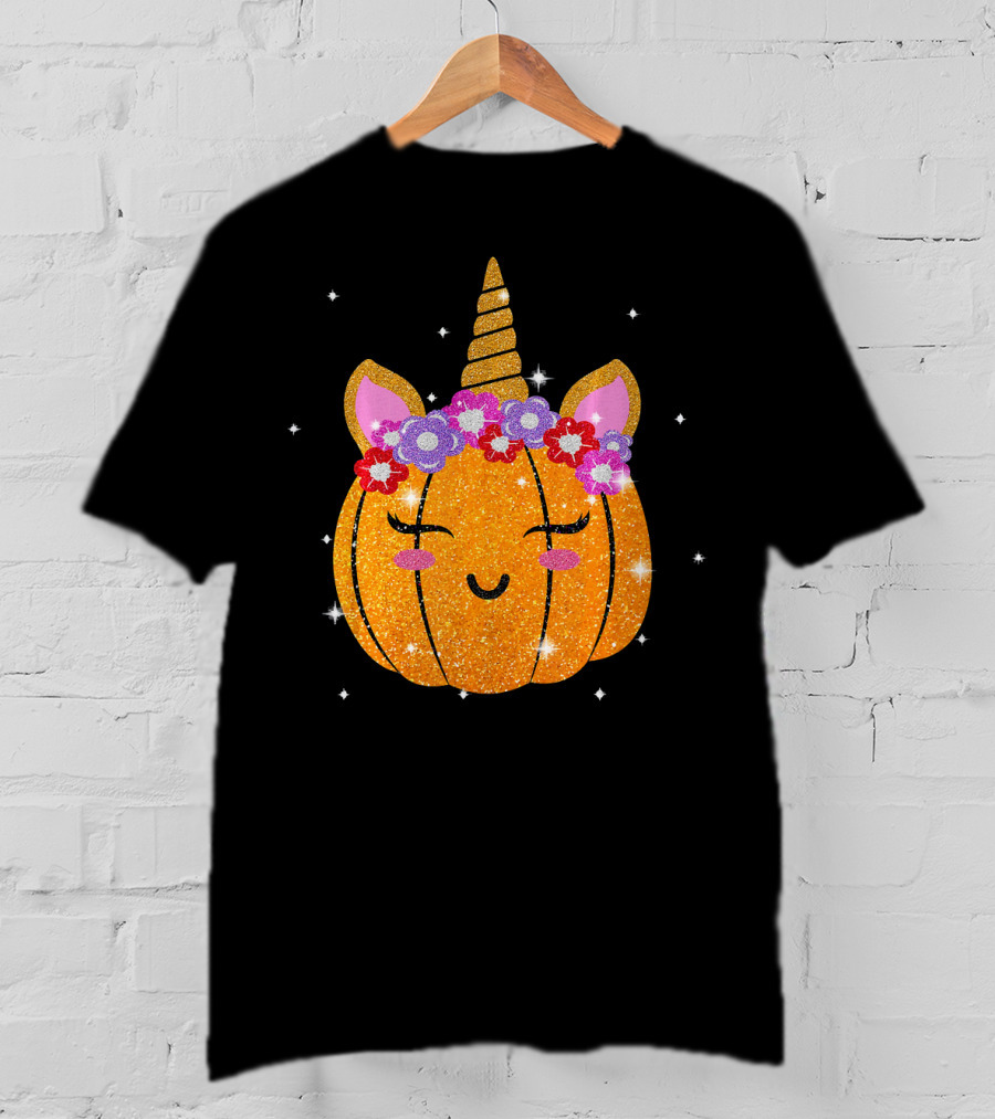 Cute Unicorn Pumpkin Glitter Funny Halloween Sparkles T-Shirt
