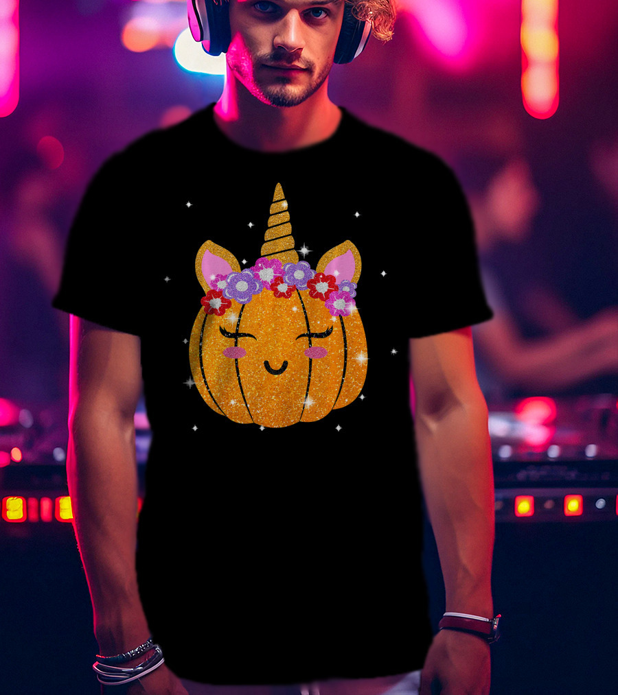 Cute Unicorn Pumpkin Glitter Funny Halloween Sparkles T-Shirt
