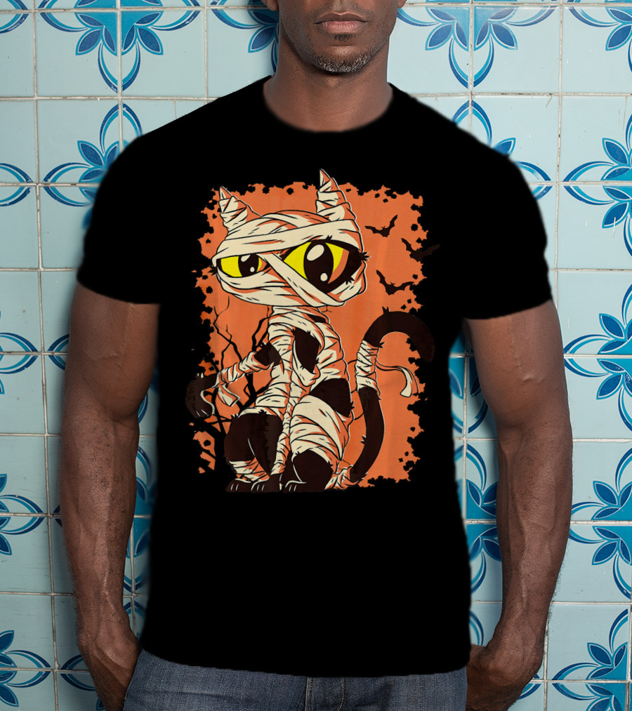 Mummy Cat With Yellow Eyes And Halloween Bats T-Shirt