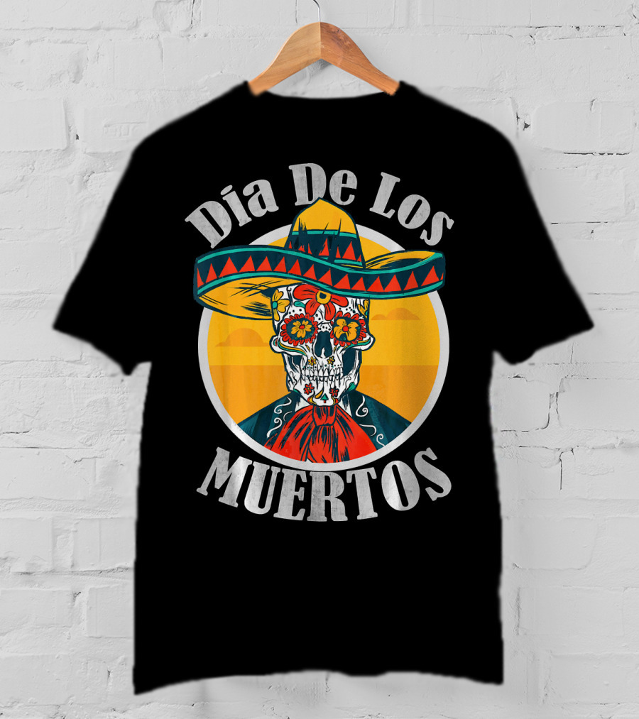 Dia De Los Muertos Skull With Sombrero And Floral Decoration T-Shirt