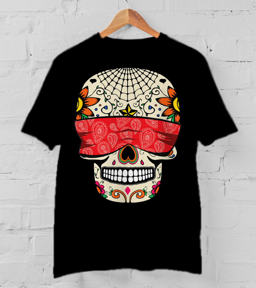 See No Evil Sugar Skull With Red Bandana And Floral Motifs T-Shirt