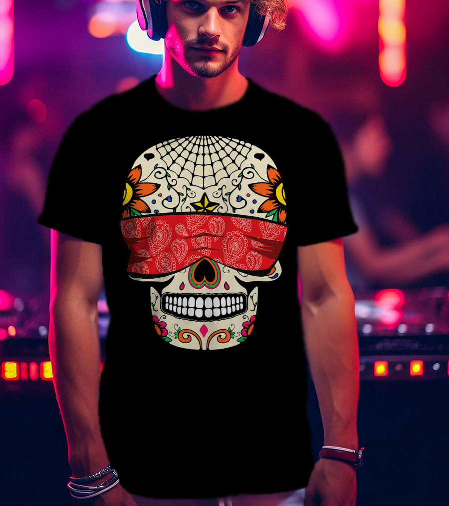 See No Evil Sugar Skull With Red Bandana And Floral Motifs T-Shirt