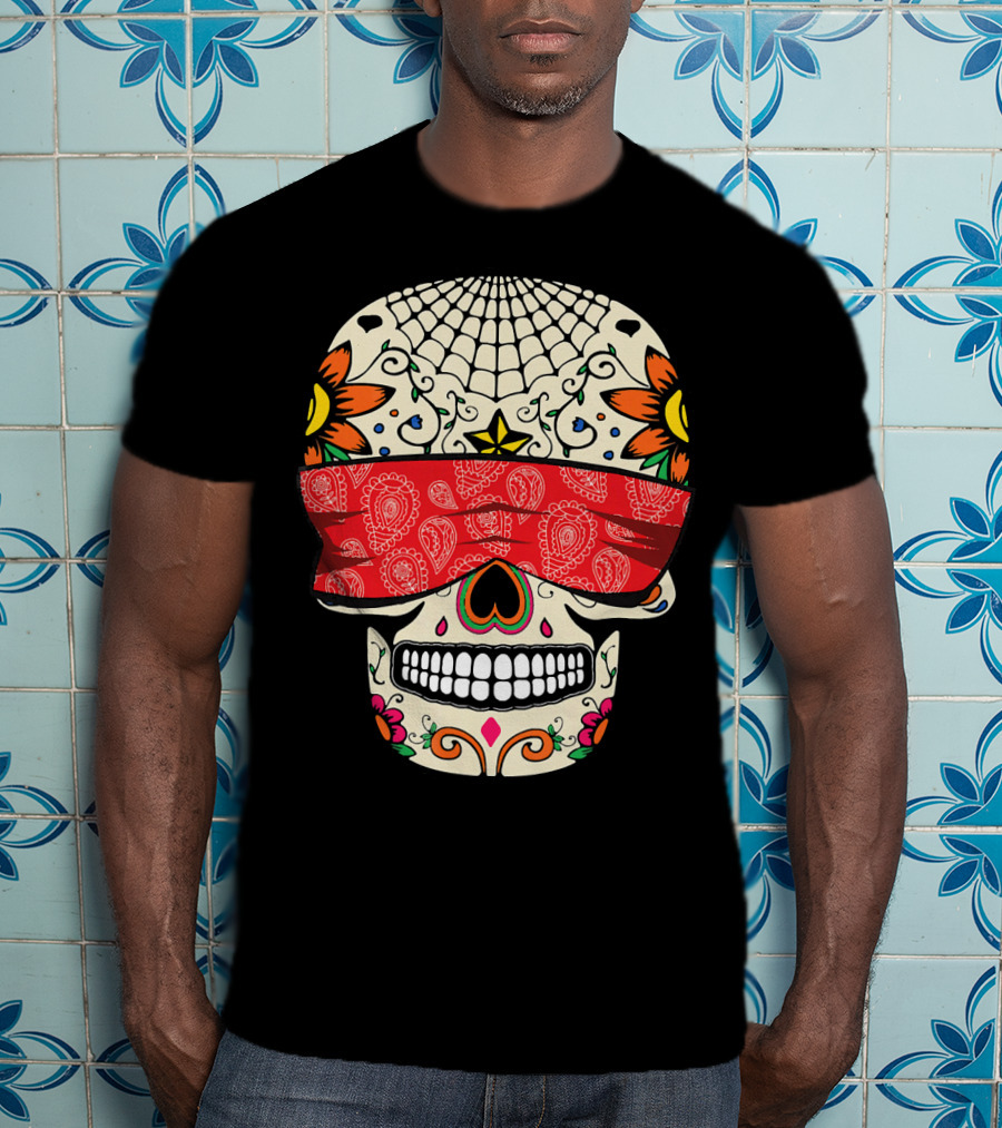 See No Evil Sugar Skull With Red Bandana And Floral Motifs T-Shirt