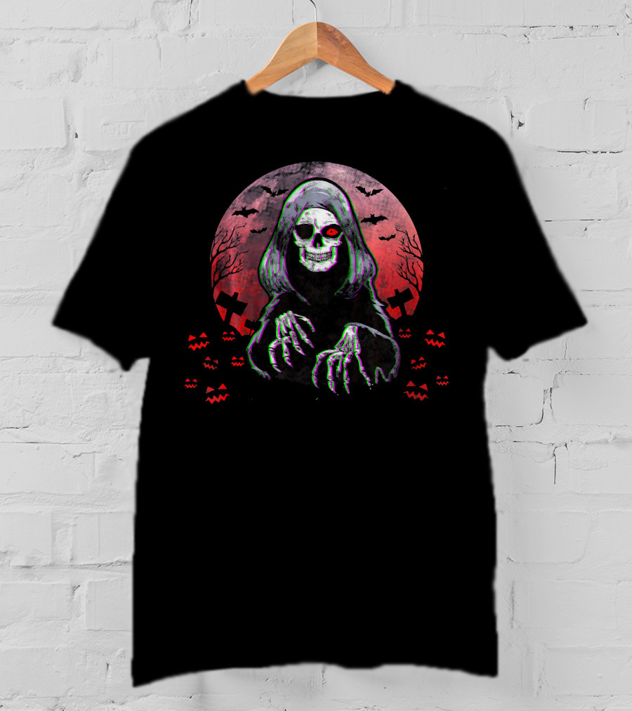 Grim Reaper Angel Of Death Halloween Horror Spooky Night Bats Pumpkins Crosses Skull T-Shirt