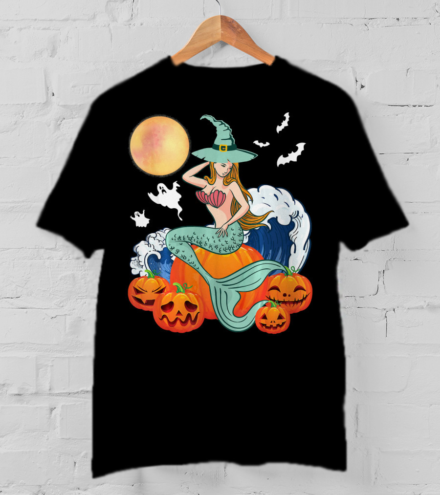 Scary Moon Pumpkin Ghosts Mermaid Witch With Jack-O'-Lanterns And Bats T-Shirt