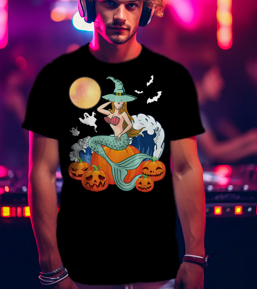 Scary Moon Pumpkin Ghosts Mermaid Witch With Jack-O'-Lanterns And Bats T-Shirt