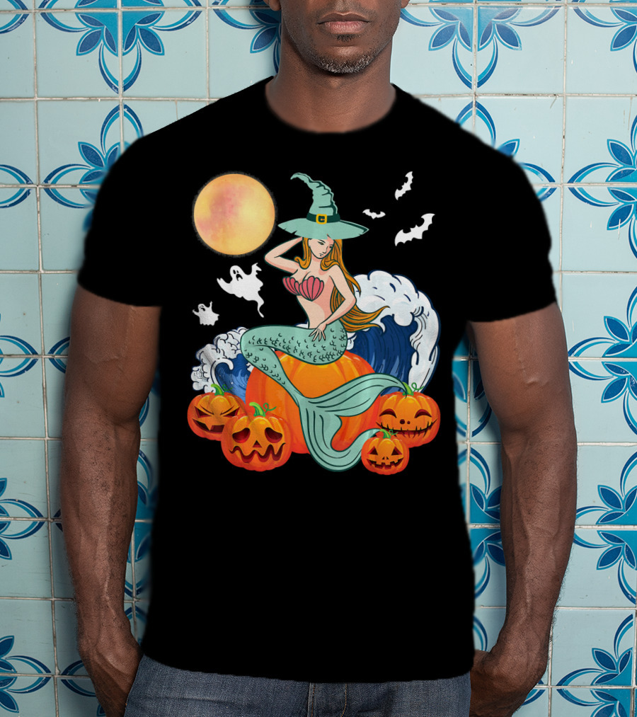 Scary Moon Pumpkin Ghosts Mermaid Witch With Jack-O'-Lanterns And Bats T-Shirt