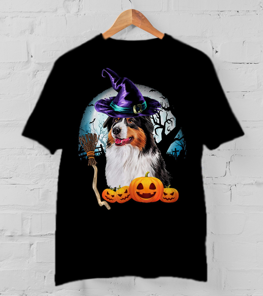 Australian Shepherd Halloween Witch Hat Dog With Pumpkins And Broomstick T-Shirt