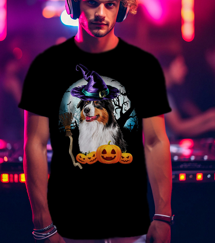 Australian Shepherd Halloween Witch Hat Dog With Pumpkins And Broomstick T-Shirt