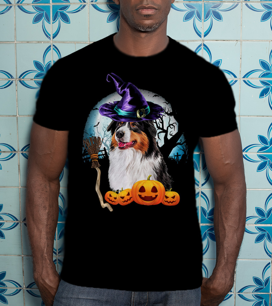 Australian Shepherd Halloween Witch Hat Dog With Pumpkins And Broomstick T-Shirt
