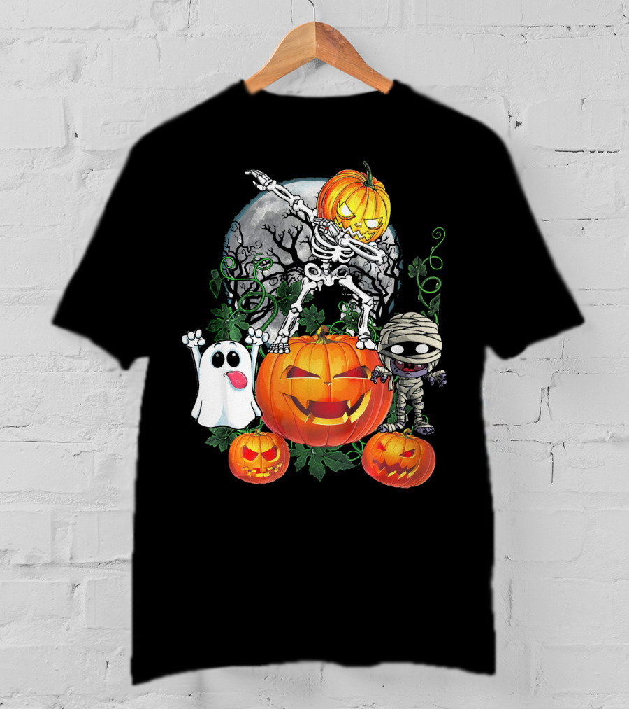 Dabbing Skeleton Pumpkin Ghost Mummy Halloween Moon Scene T-Shirt