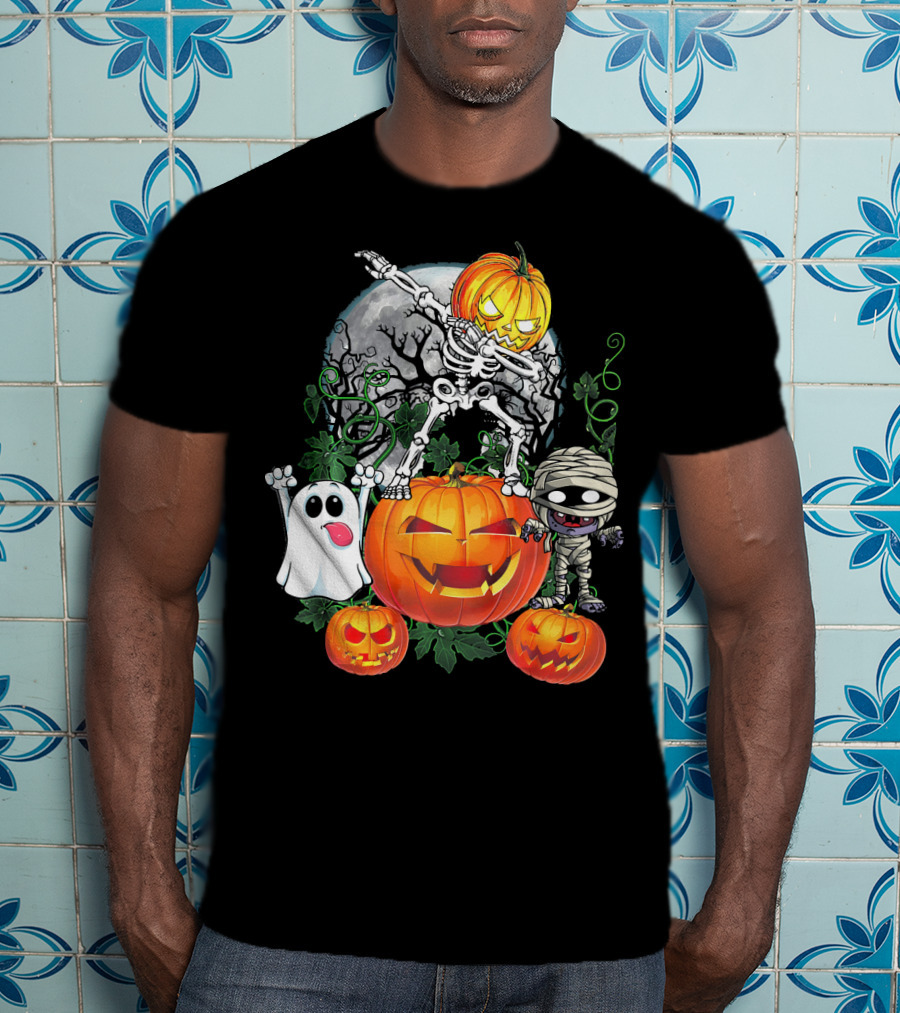 Dabbing Skeleton Pumpkin Ghost Mummy Halloween Moon Scene T-Shirt