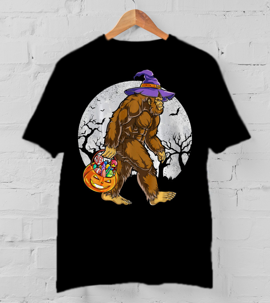 Bigfoot Witch Carrying Pumpkin Candy Basket In Spooky Moonlit Forest T-Shirt