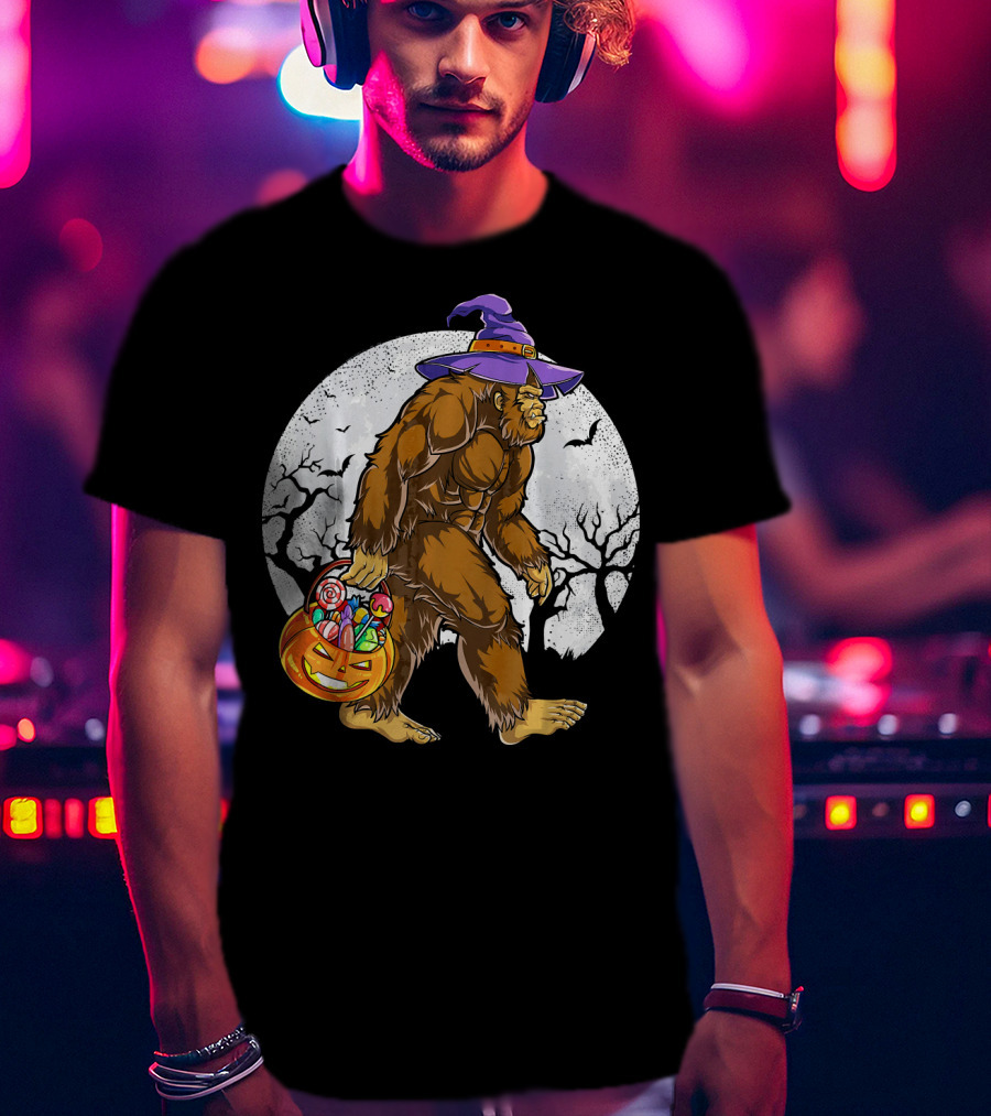 Bigfoot Witch Carrying Pumpkin Candy Basket In Spooky Moonlit Forest T-Shirt