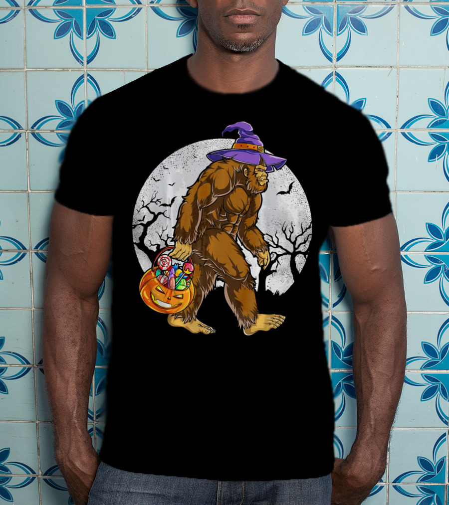 Bigfoot Witch Carrying Pumpkin Candy Basket In Spooky Moonlit Forest T-Shirt