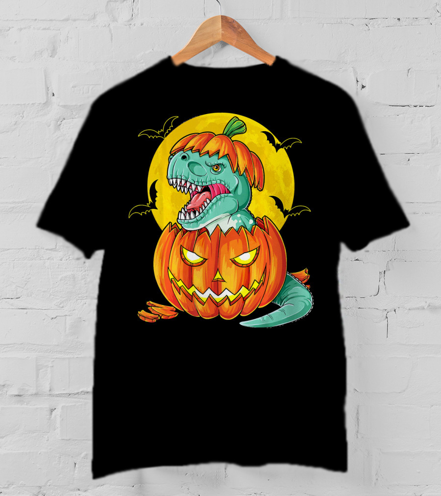 Dinosaur Pumpkin Halloween Moon Bats T-Shirt