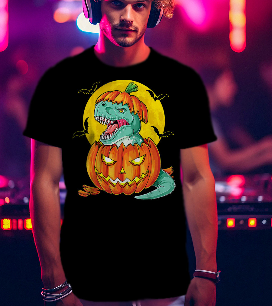 Dinosaur Pumpkin Halloween Moon Bats T-Shirt