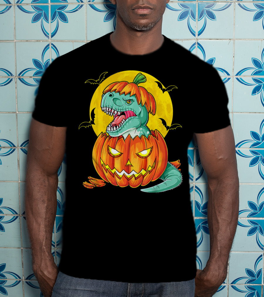 Dinosaur Pumpkin Halloween Moon Bats T-Shirt