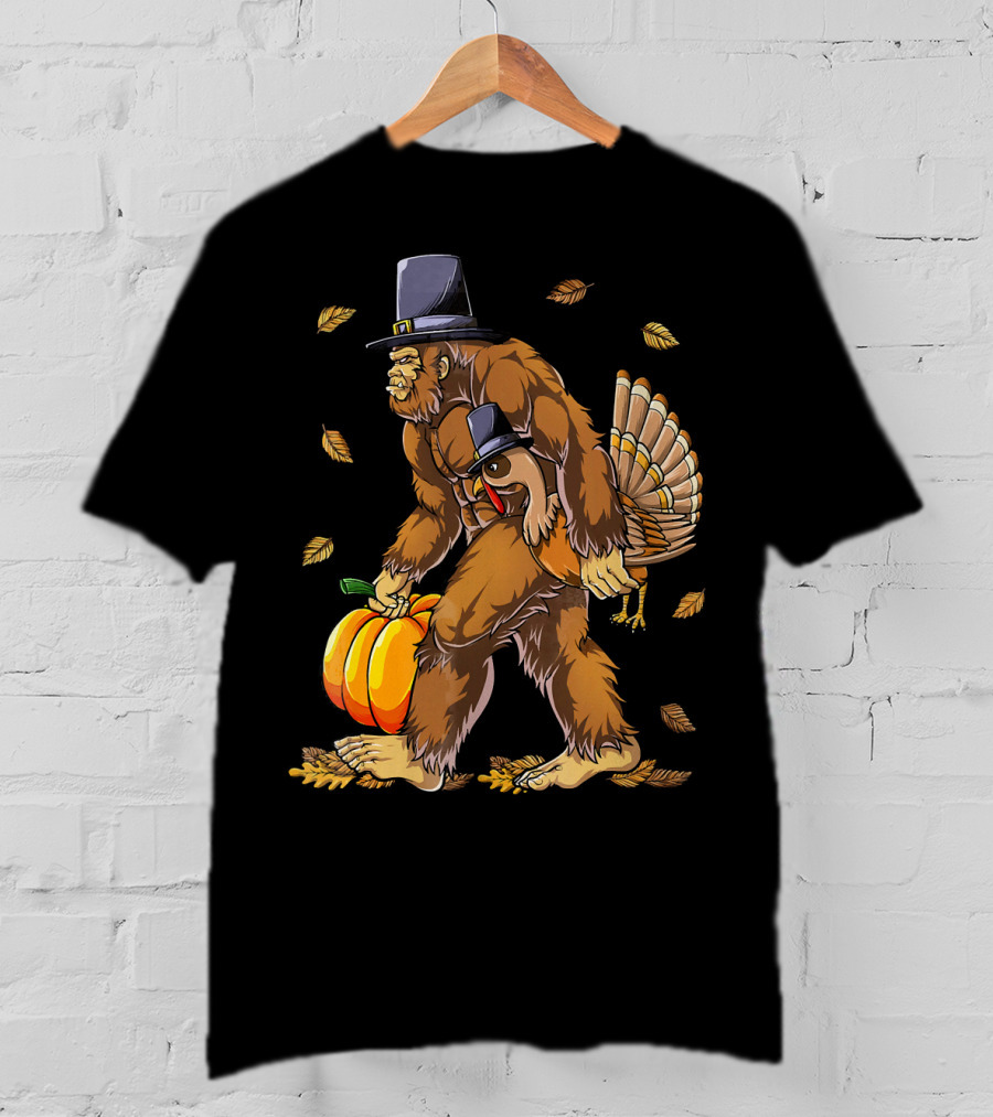 Thanksgiving Bigfoot Pilgrim Turkey Pumpkin Autumn Leaves T-Shirt