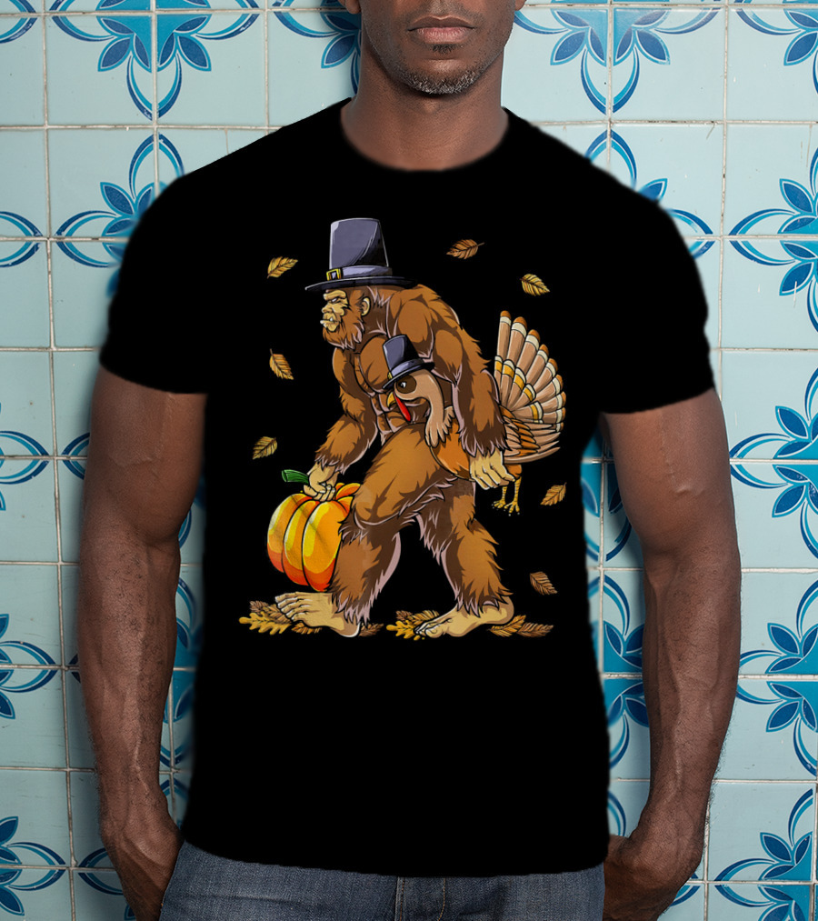 Thanksgiving Bigfoot Pilgrim Turkey Pumpkin Autumn Leaves T-Shirt