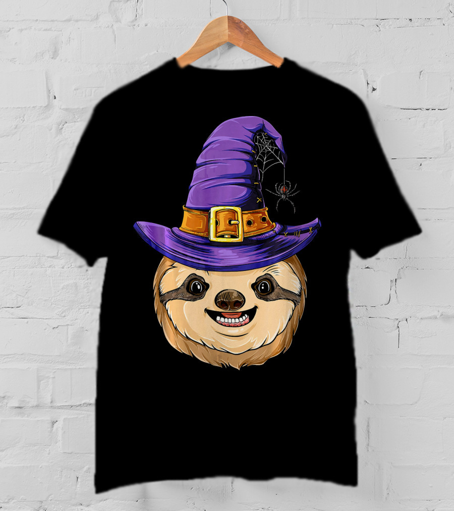 Sloth Witch Halloween Purple Hat Spider T-Shirt