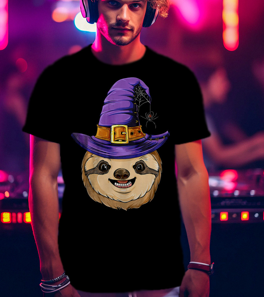 Sloth Witch Halloween Purple Hat Spider T-Shirt