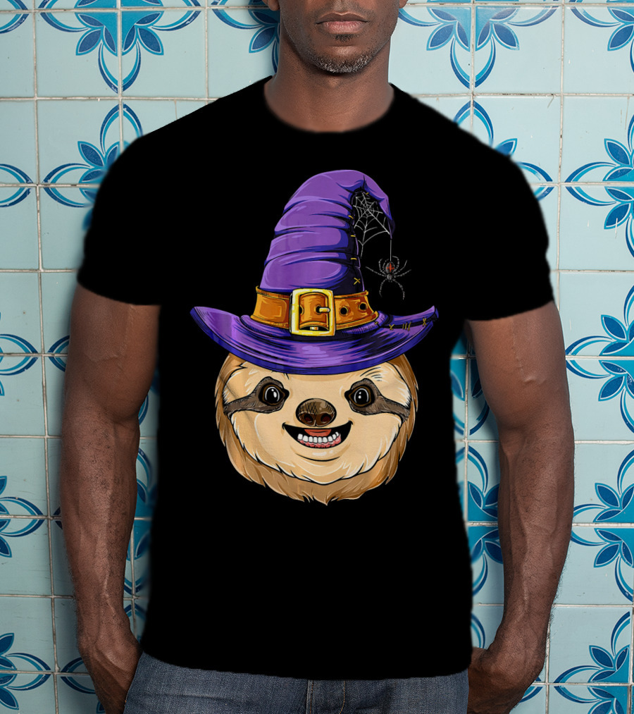 Sloth Witch Halloween Purple Hat Spider T-Shirt