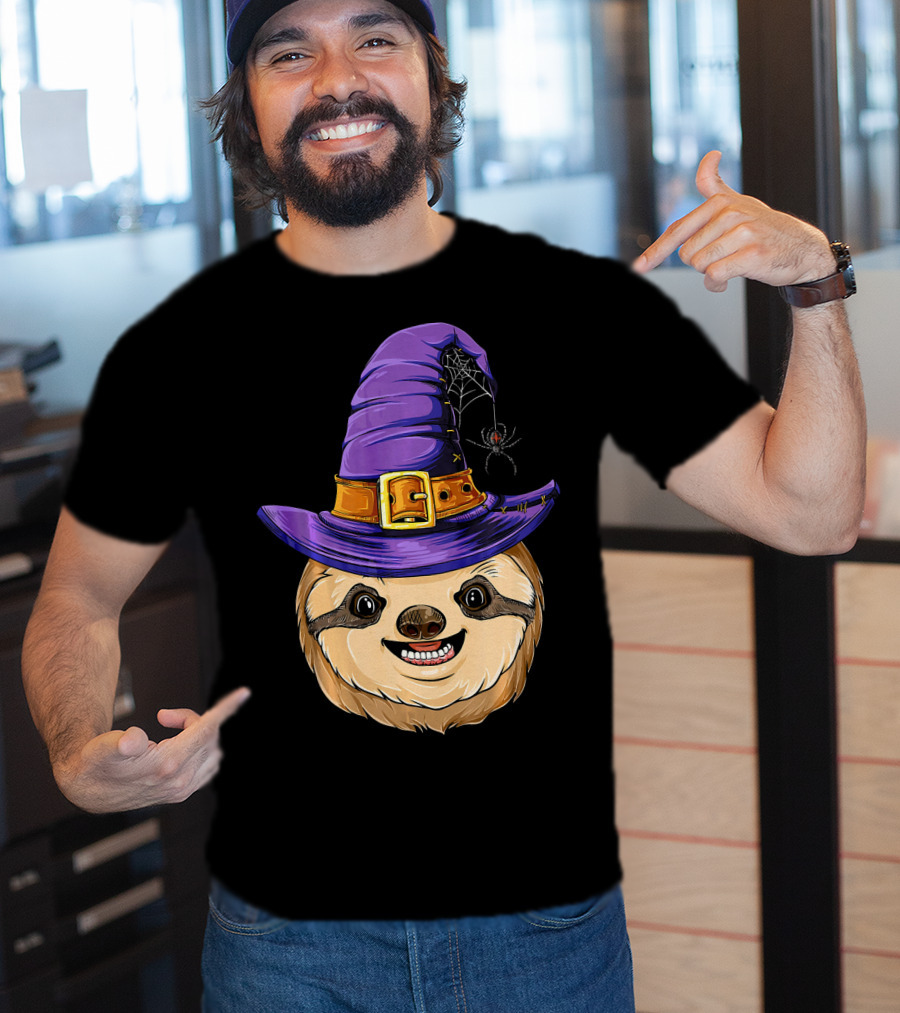 Sloth Witch Halloween Purple Hat Spider T-Shirt