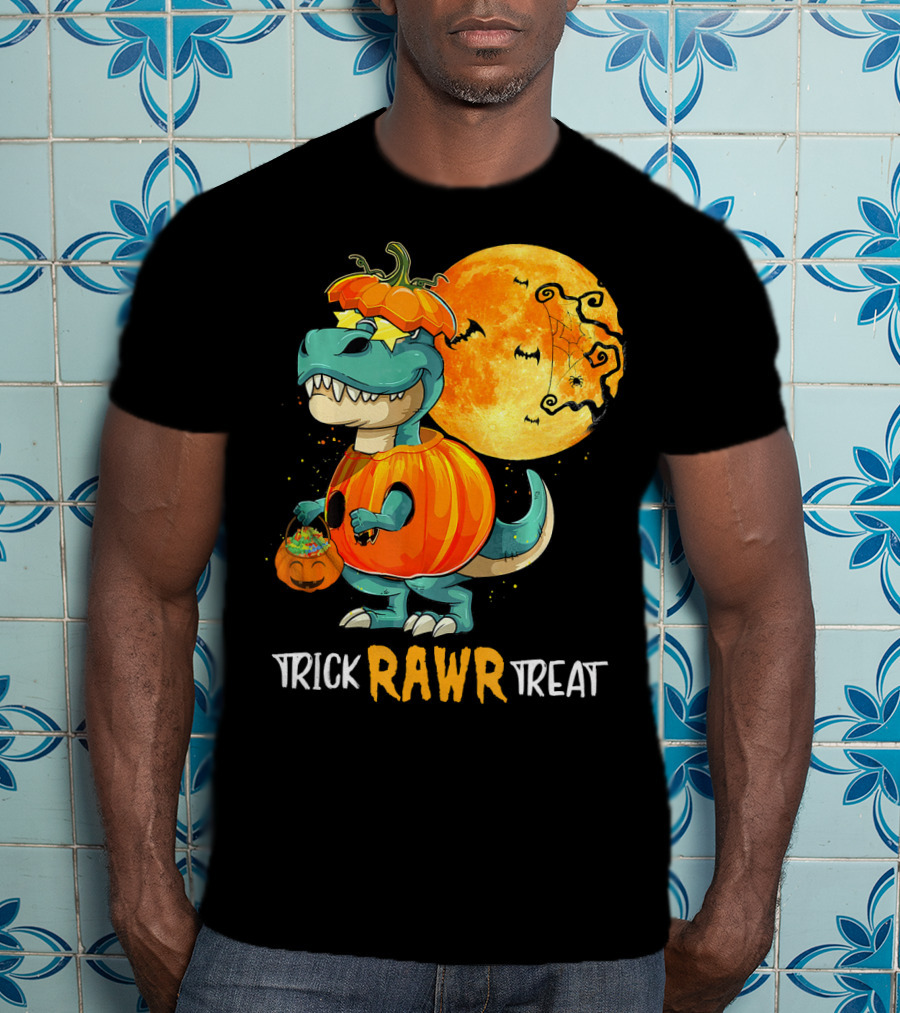 Trick RAWR Treat Rex Dinosaur Halloween Pumpkin Moon T-Shirt