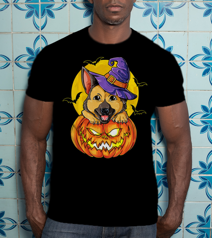 German Shepherd Pumpkin With Witch Hat And Bats T-Shirt