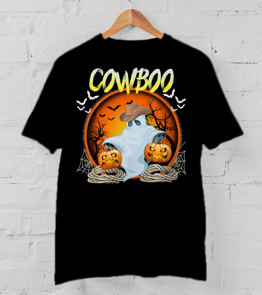 Cowboo Halloween Ghost In Cowboy Hat With Pumpkins And Bats T-Shirt