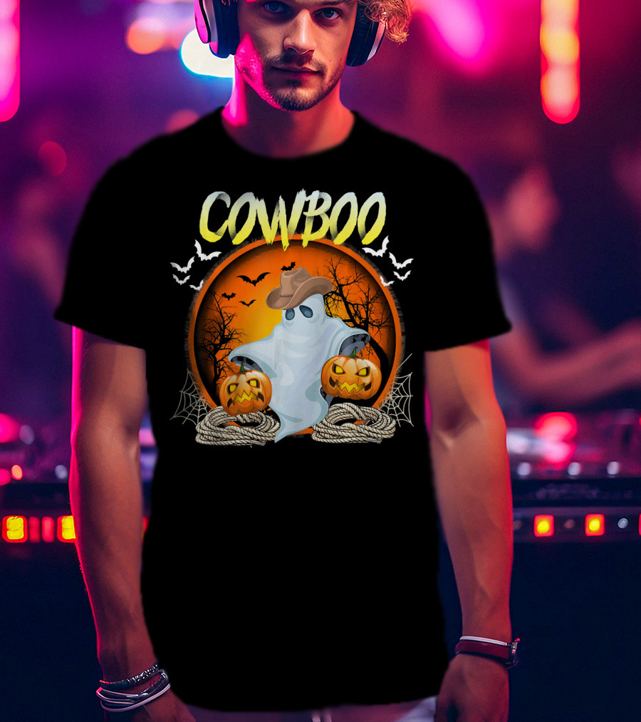 Cowboo Halloween Ghost In Cowboy Hat With Pumpkins And Bats T-Shirt