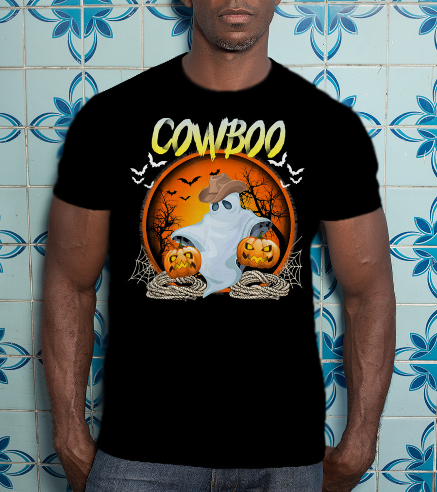 Cowboo Halloween Ghost In Cowboy Hat With Pumpkins And Bats T-Shirt