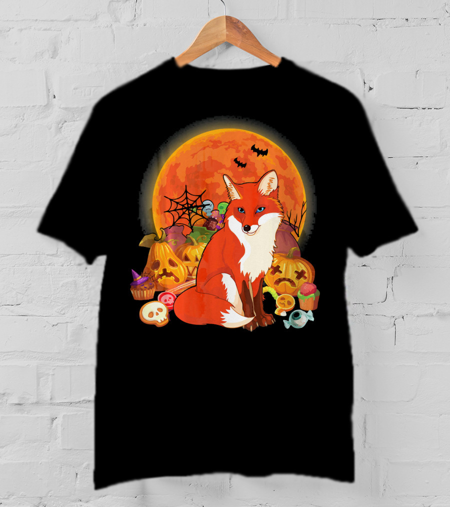 Funny Fox Halloween Full Moon Pumpkin Candy Scene T-Shirt