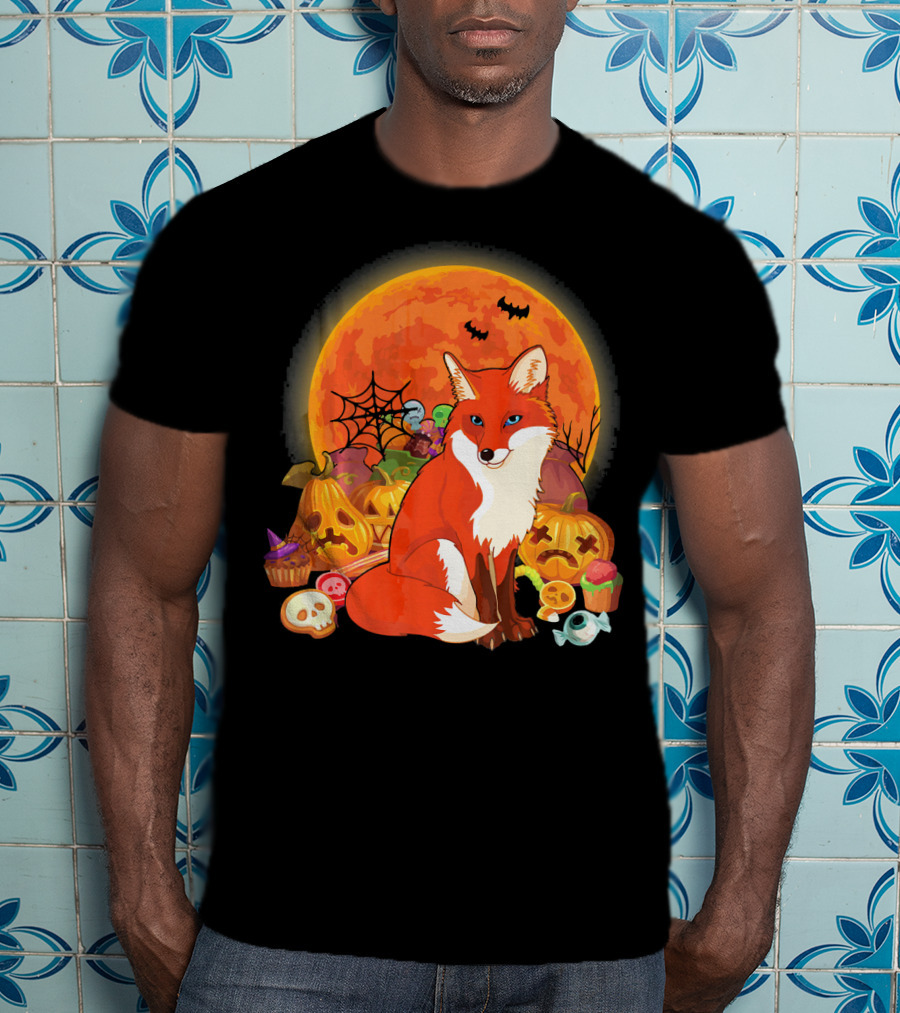 Funny Fox Halloween Full Moon Pumpkin Candy Scene T-Shirt