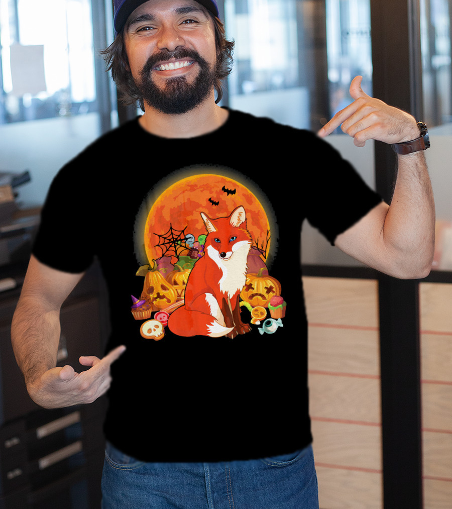 Funny Fox Halloween Full Moon Pumpkin Candy Scene T-Shirt