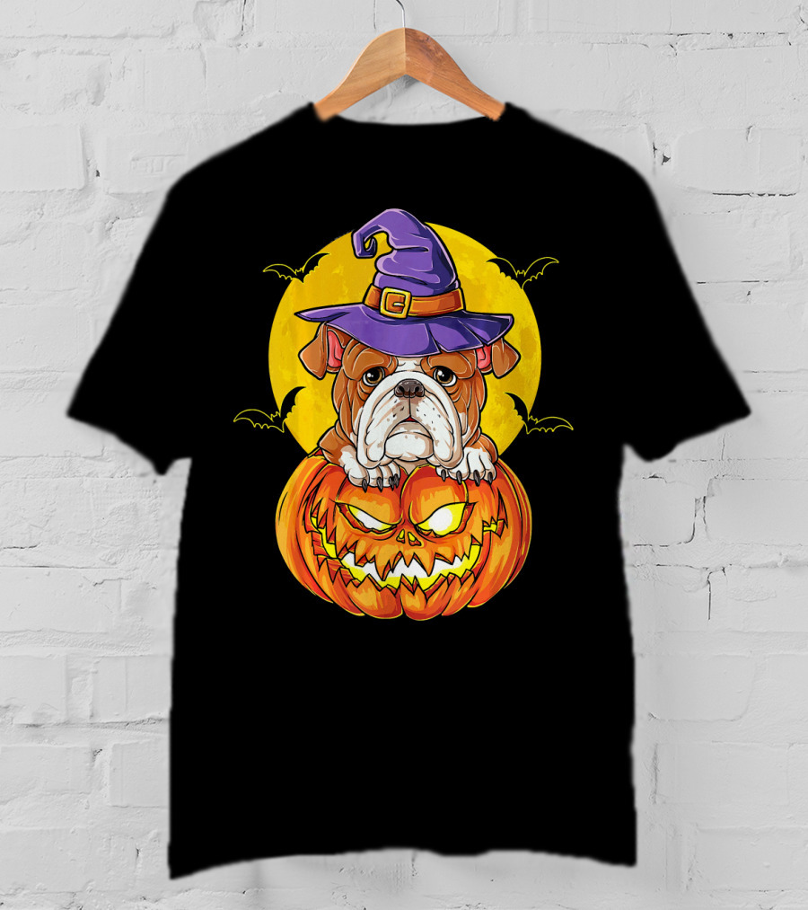 English Bulldog Halloween Witch Pumpkin Moon T-Shirt