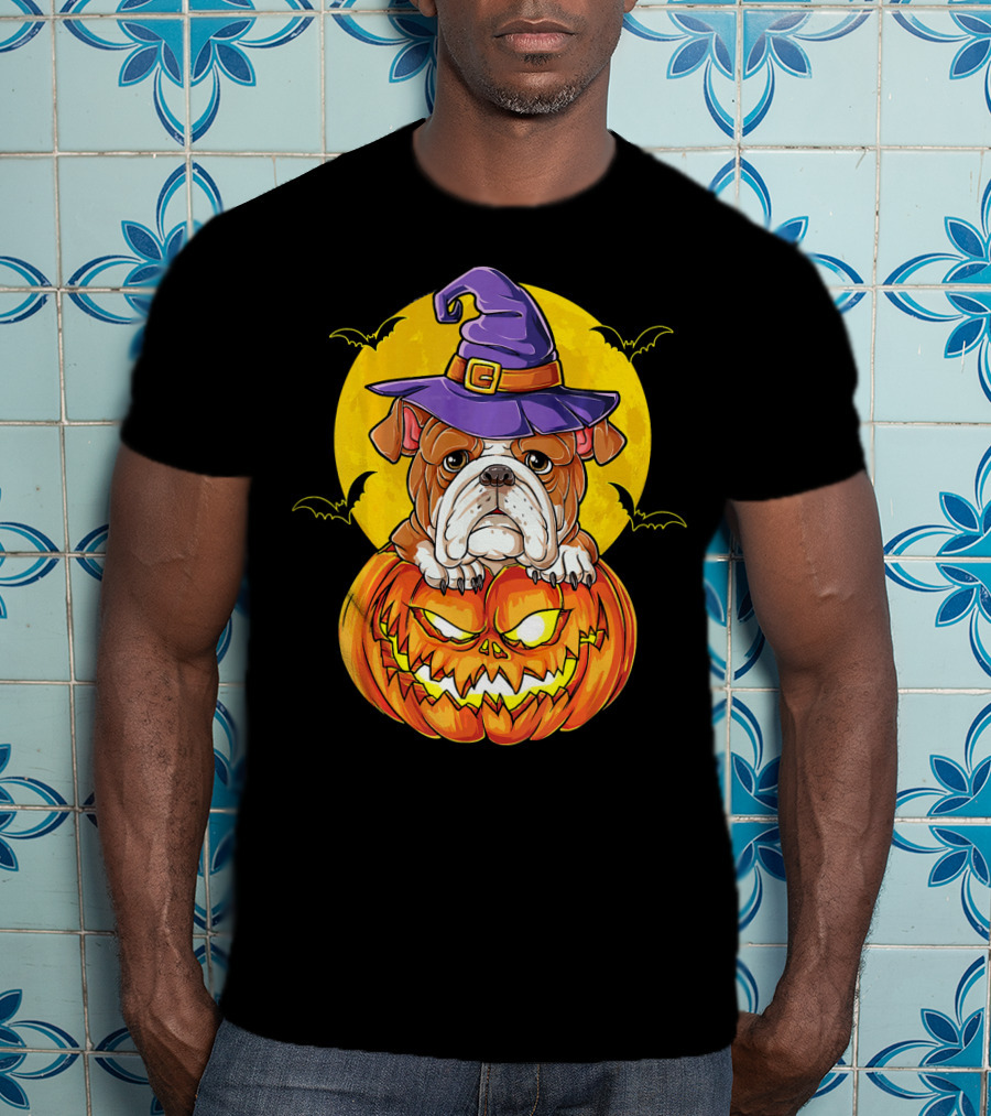 English Bulldog Halloween Witch Pumpkin Moon T-Shirt