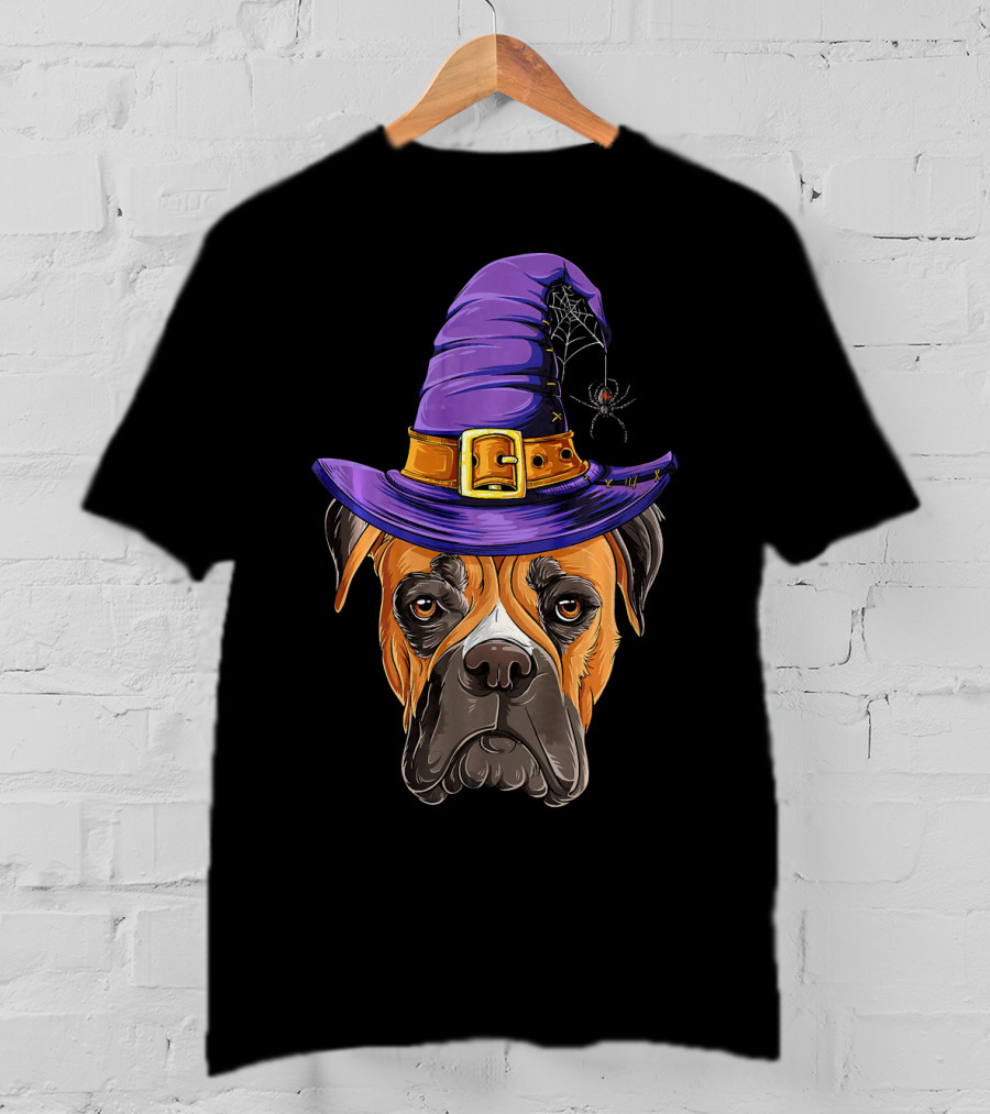 Boxer Dog Halloween Witch Hat Spider T-Shirt