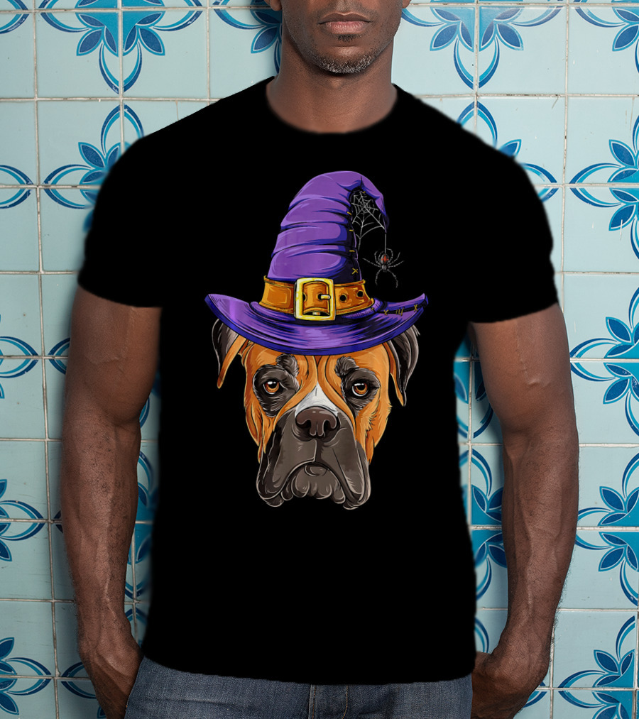 Boxer Dog Halloween Witch Hat Spider T-Shirt