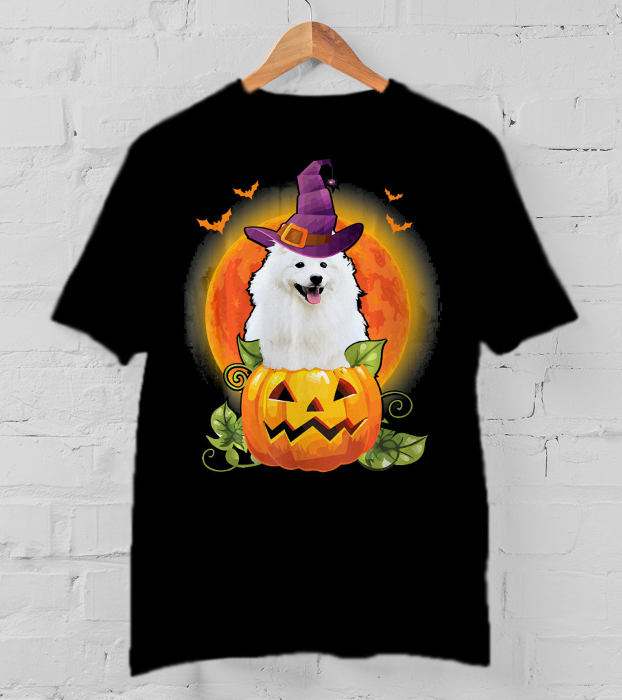 Samoyed Dog Witch Hat Pumpkin Halloween Moon T-Shirt