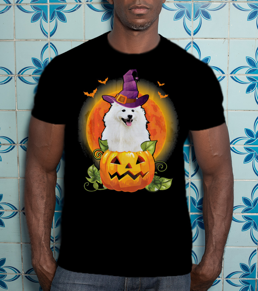 Samoyed Dog Witch Hat Pumpkin Halloween Moon T-Shirt