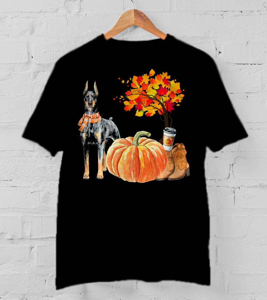 Doberman Pinscher Scarf Pumpkin Spice Autumn Boots Cozy Fall Leaves T-Shirt