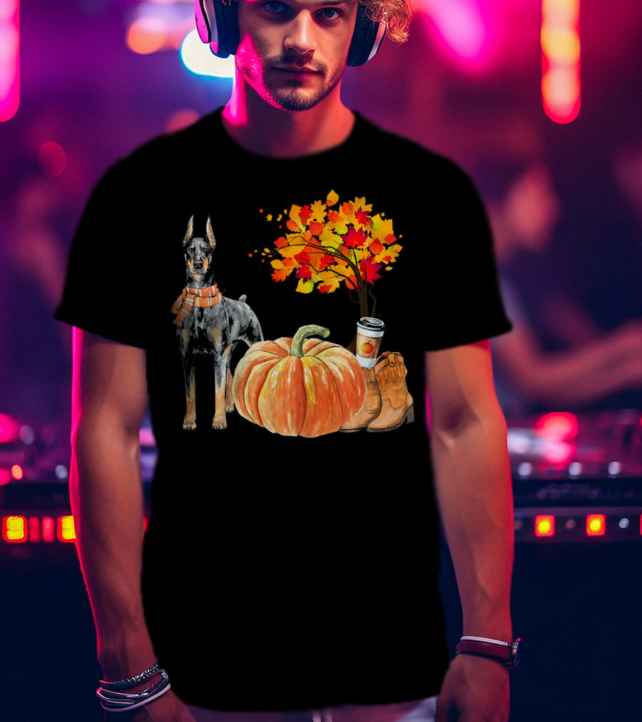 Doberman Pinscher Scarf Pumpkin Spice Autumn Boots Cozy Fall Leaves T-Shirt