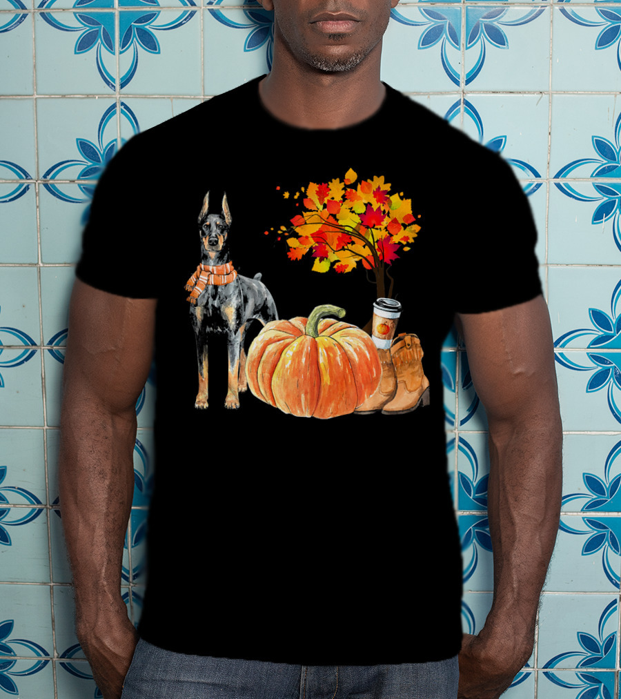 Doberman Pinscher Scarf Pumpkin Spice Autumn Boots Cozy Fall Leaves T-Shirt